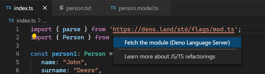 Screenshot of Visual Studio Code showing Fetch the module command