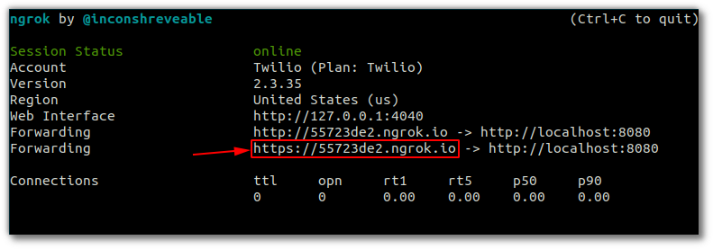Screenshot of ngrok output highlighting the https forwarding url