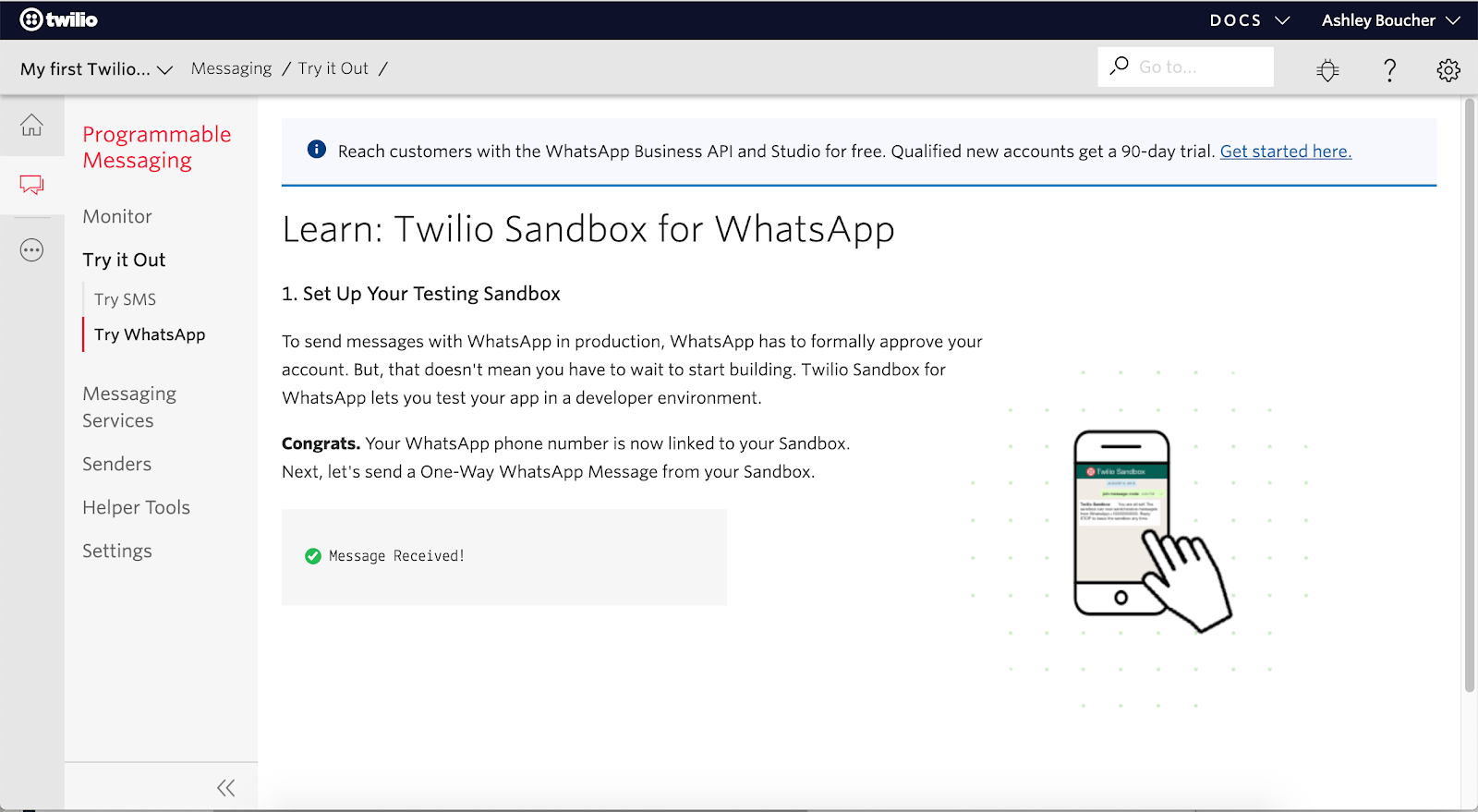 Screenshot of successful WhatsApp Sandbox Connection