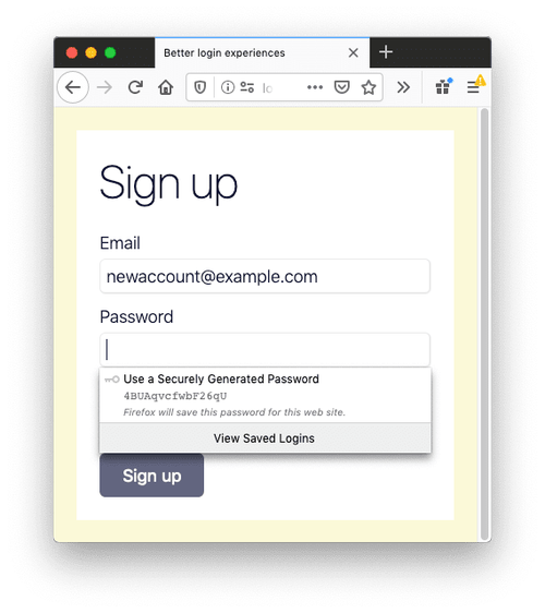 Ein Anmeldeformular in Firefox. Das Passwortfeld hat ein starkes Passwort vorgeschlagen.