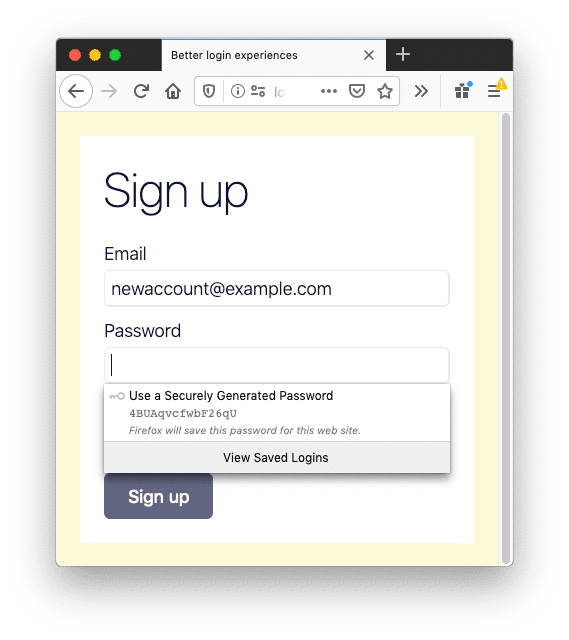 A sign in form in Firefox. The password field has suggested a strong password.