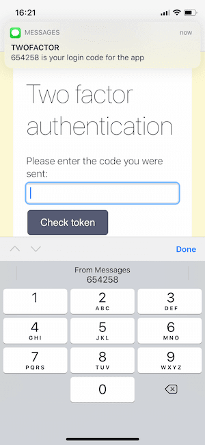 A web page shown in iOS Safari with a two factor authentication prompt. There is also a message notification with a two factor authentication code and the keyboard is auto suggesting the code to be filled in.