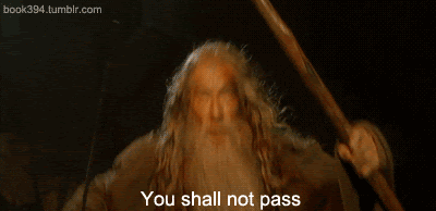 Animated gif of Gandalf from Lord of the Rings beating his staff upon the ground. Overlaid texts reads "You shall not pass."