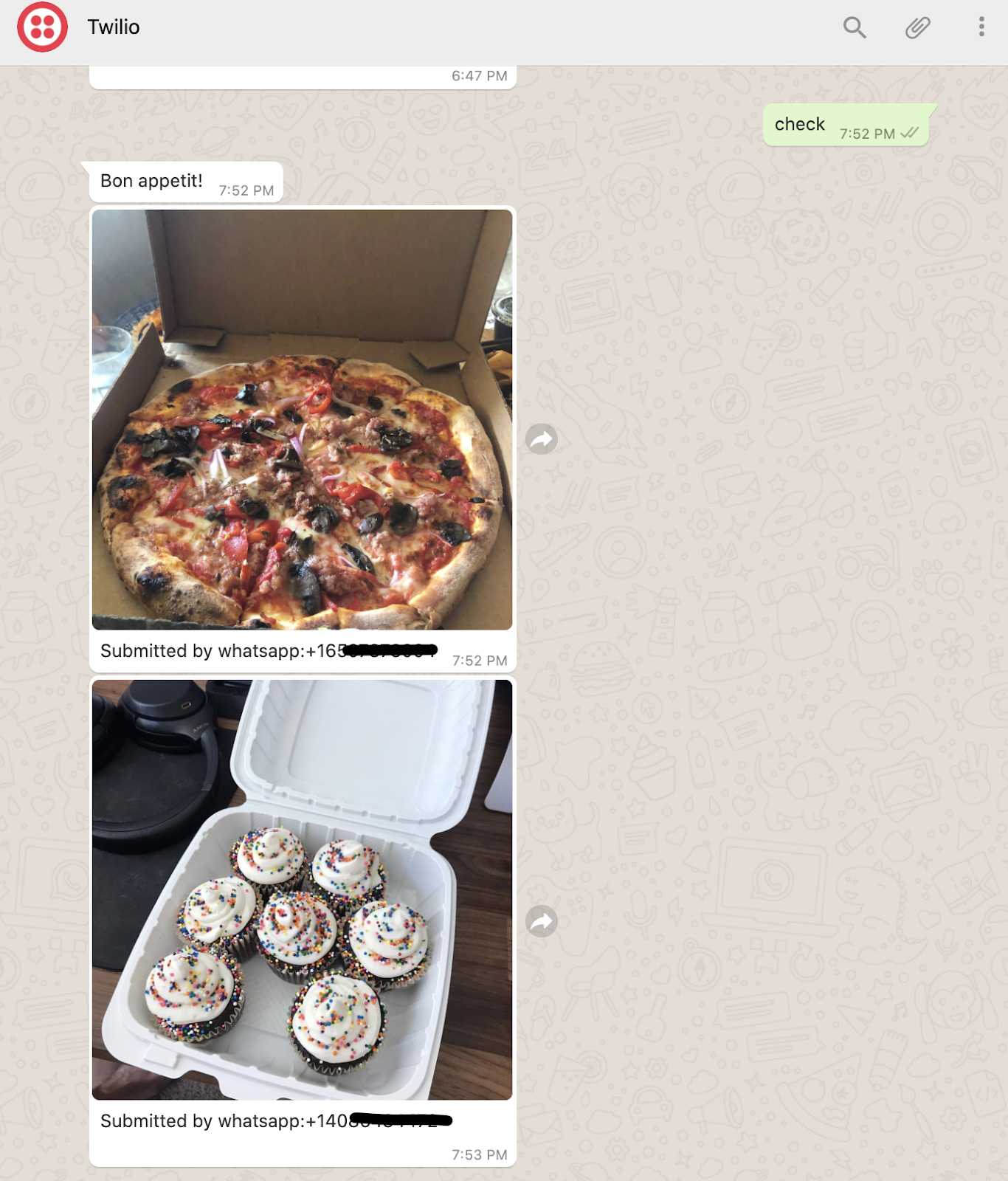 screenshot of user texting "check" and WhatsApp responding with two pictures of food and a caption