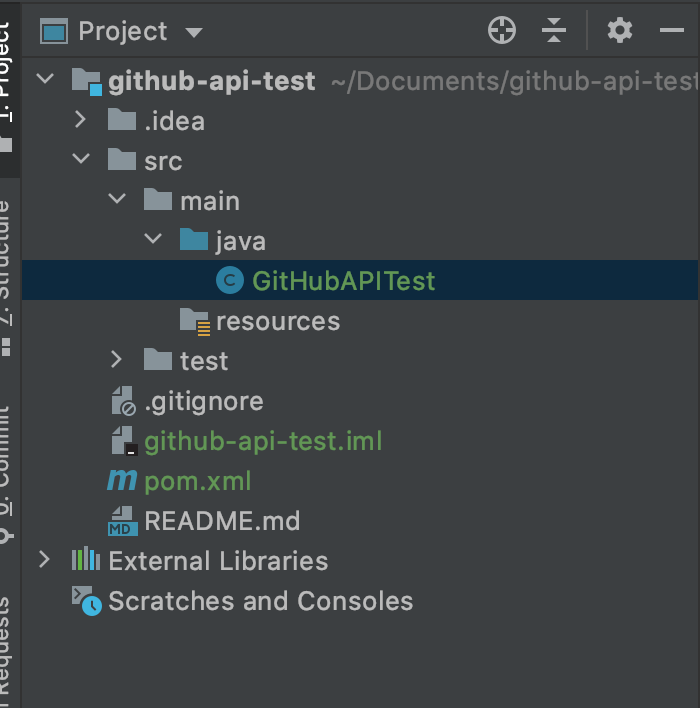 screenshot of the github-api-test project directory structure