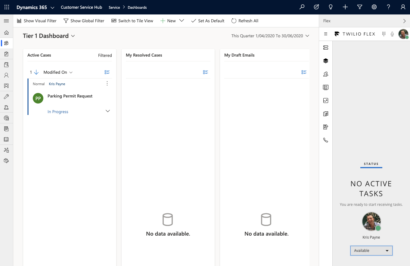Twilio Flex docked on the right side of Dynamics 365