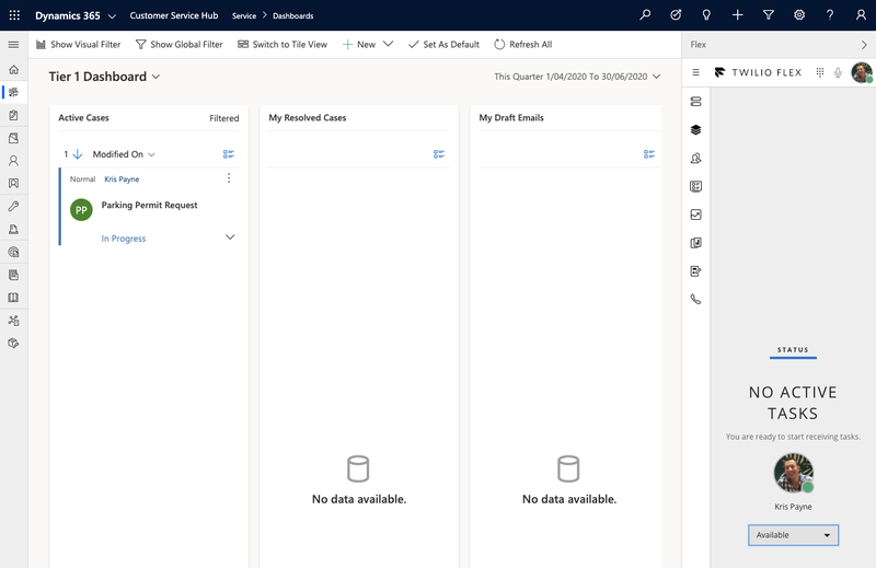 Twilio Flex encaixado no lado direito do Dynamics 365