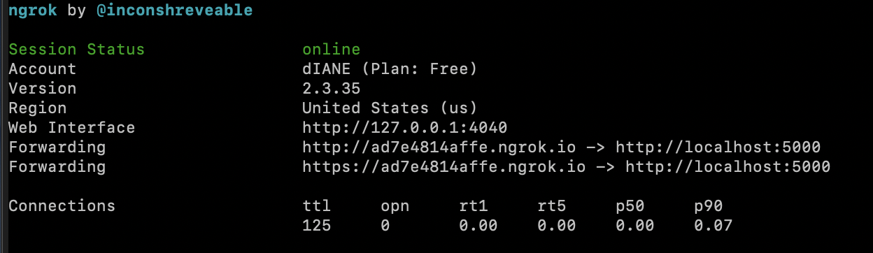 screenshot of ngrok console output with account, version, region, web interface, forwarding, and connections