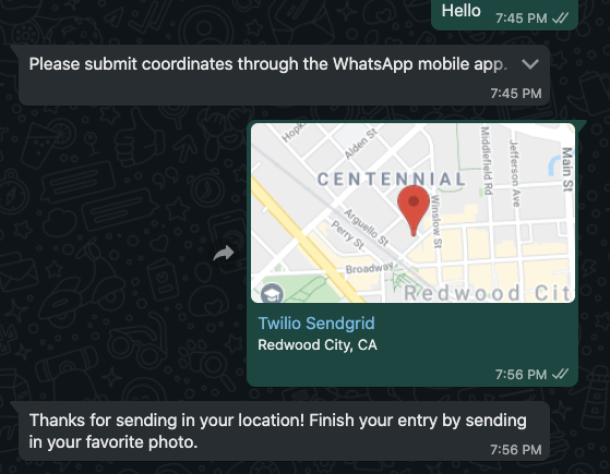 WhatsApp conversation screenshot of user submitting map coordinates to SQLite3 database