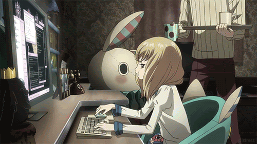anime girl from New Game typing furiously on the computer