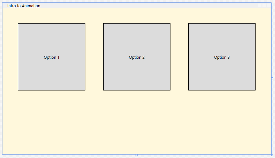 Screenshot showing completed Intro to Animation application window with 3 square option buttons