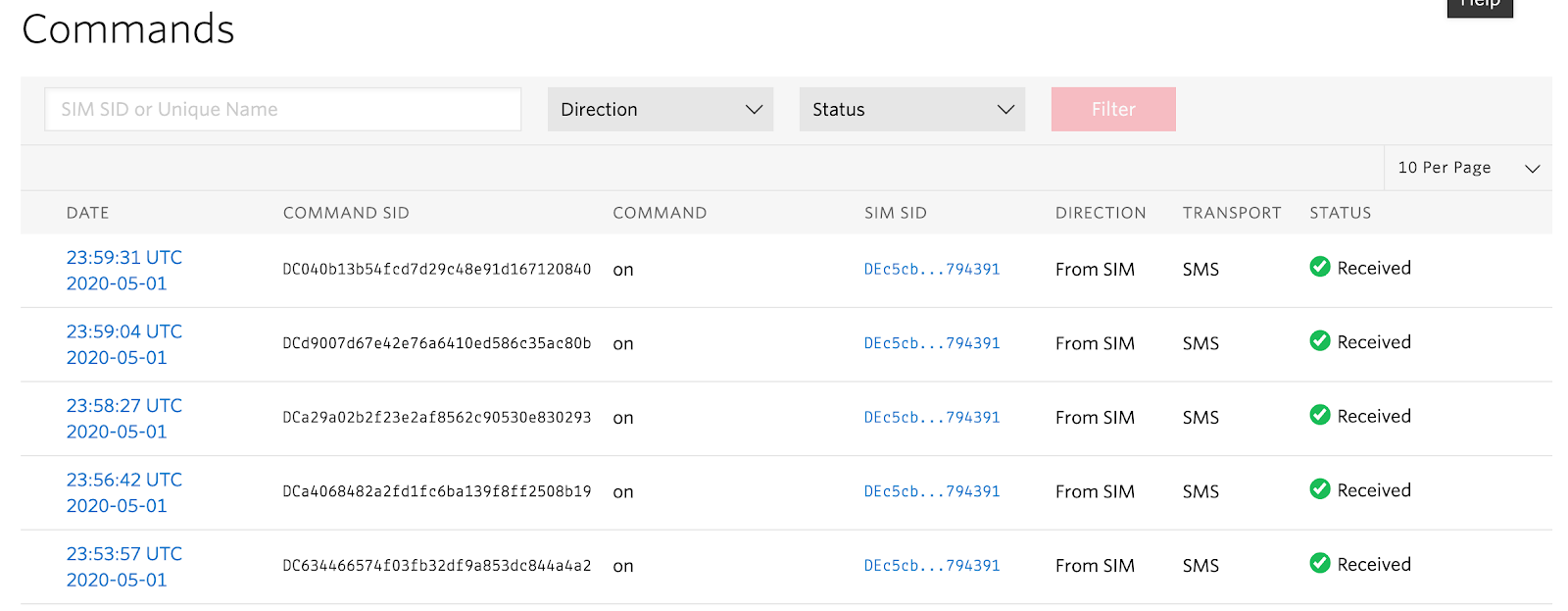 A lot of commands saying "on" being sent to the Twilio console