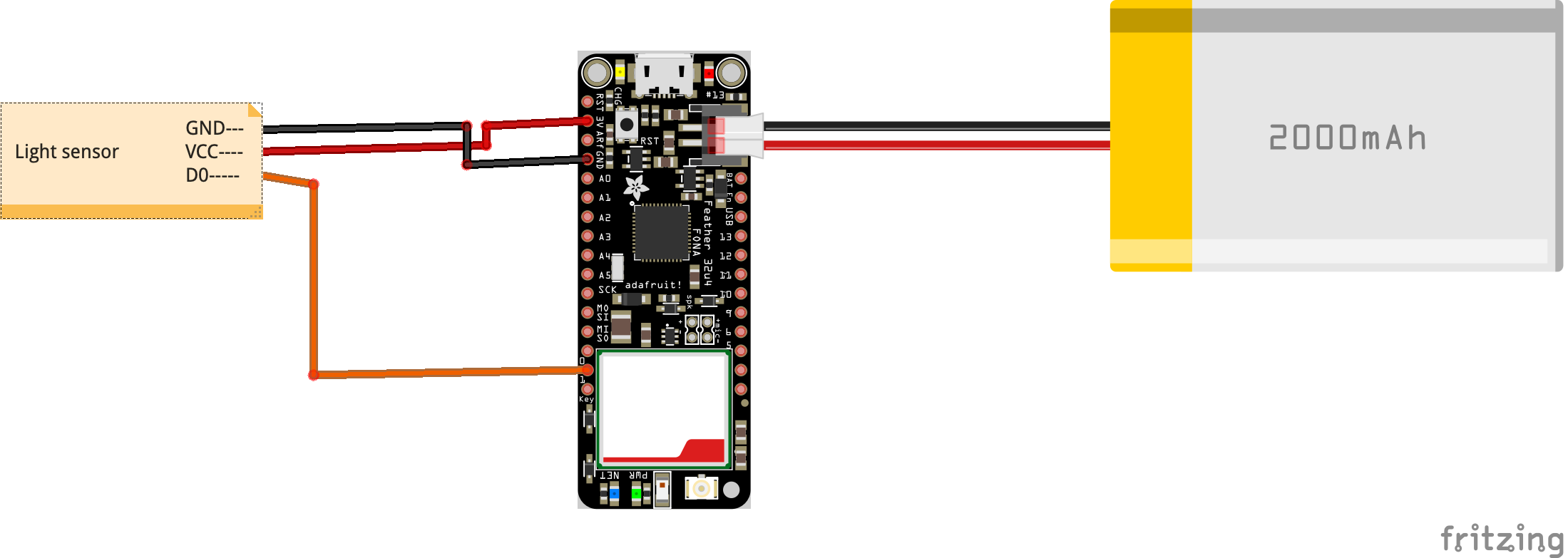 A diagram showing how to wire the light sensor to the board, connecting ground to ground, power to power, and D0 to the 0 pin.