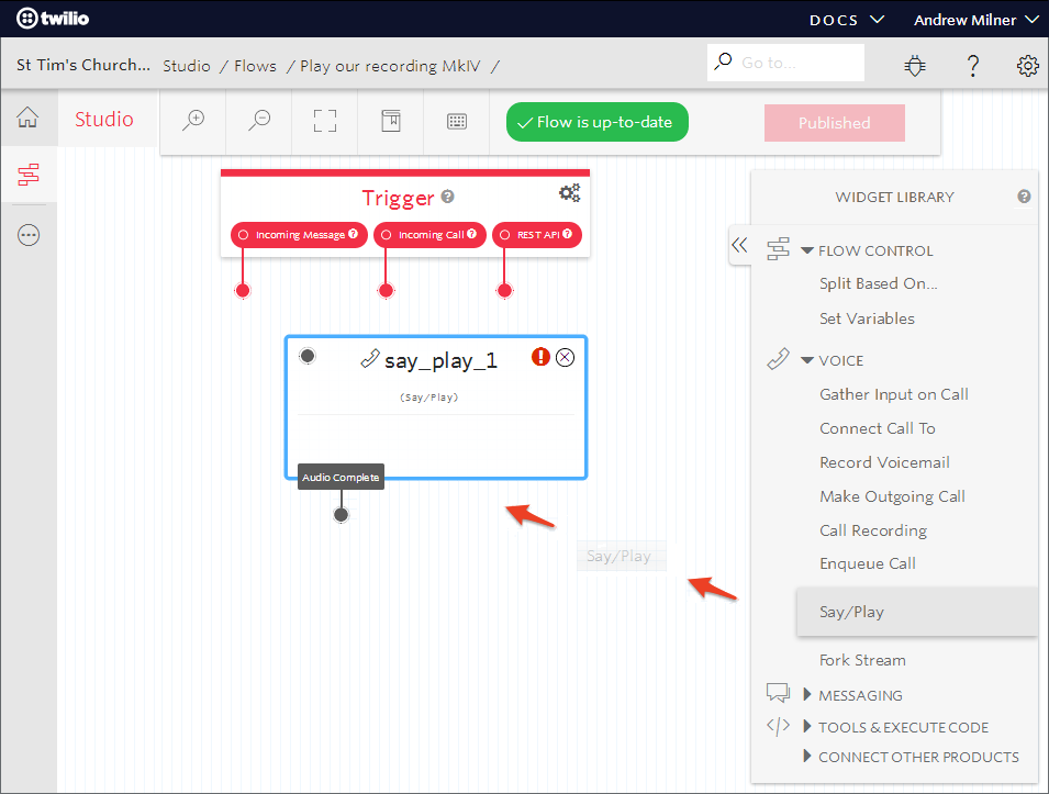 Dragging a Say/Play widget onto the Studio canvas