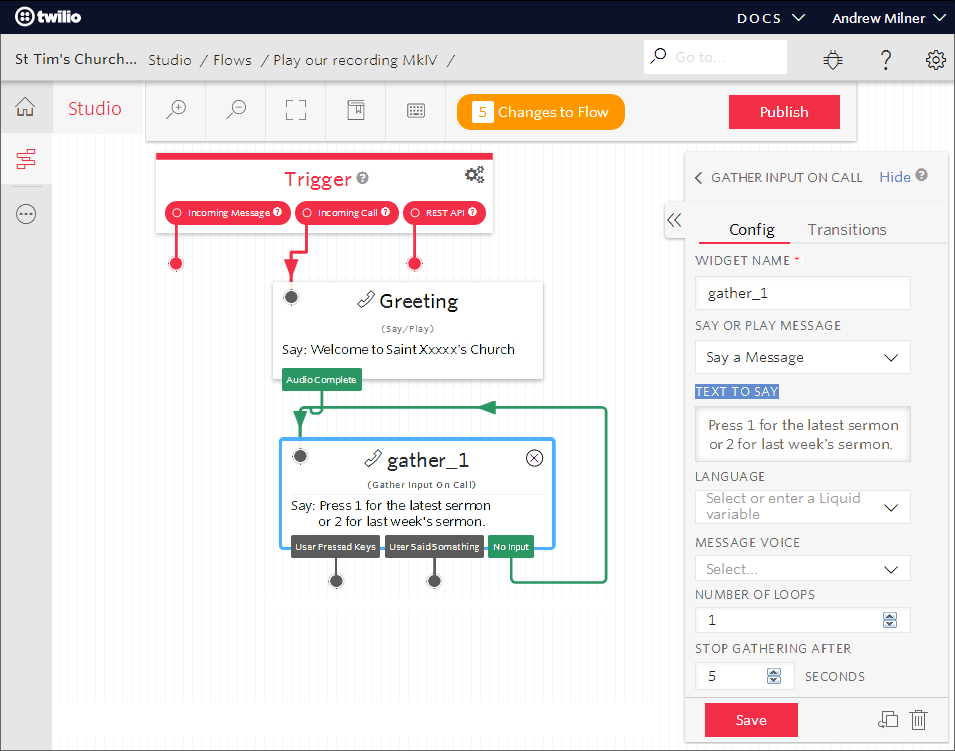 Editing a Gather widget in Twilio Studio