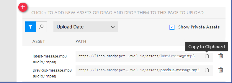 How to copy the Asset URL in the Twilio console