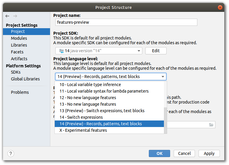 IntelliJ&#39;s project structure window, highlighting the choice of "14 (Preview)" as Project SDK