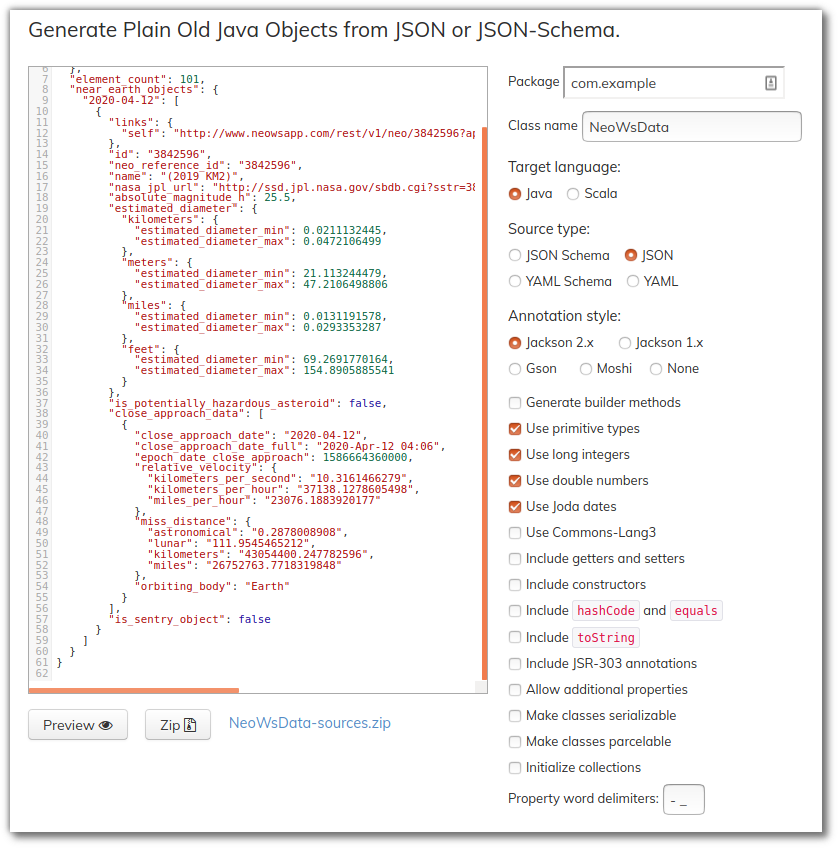 JsonSchema2Pojo screenshot