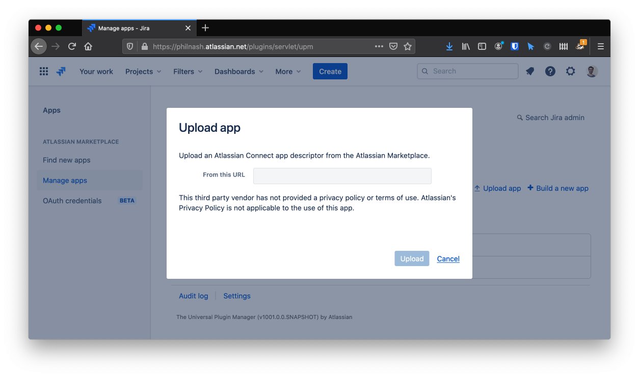 Enter the URL for the atlassian-connect path in the Upload app modal.