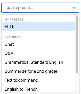 Configuración predefinida personalizada en el menú desplegable