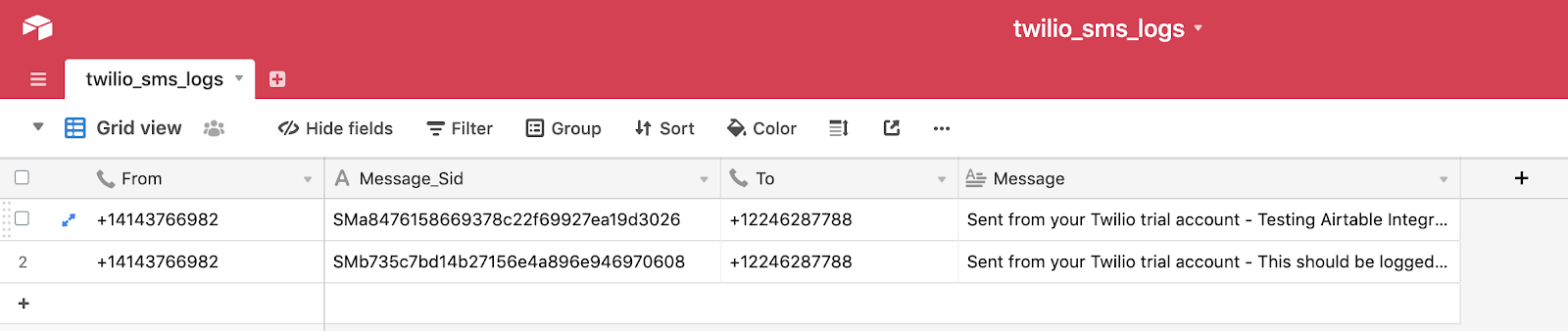 Airtable table with SMS messages