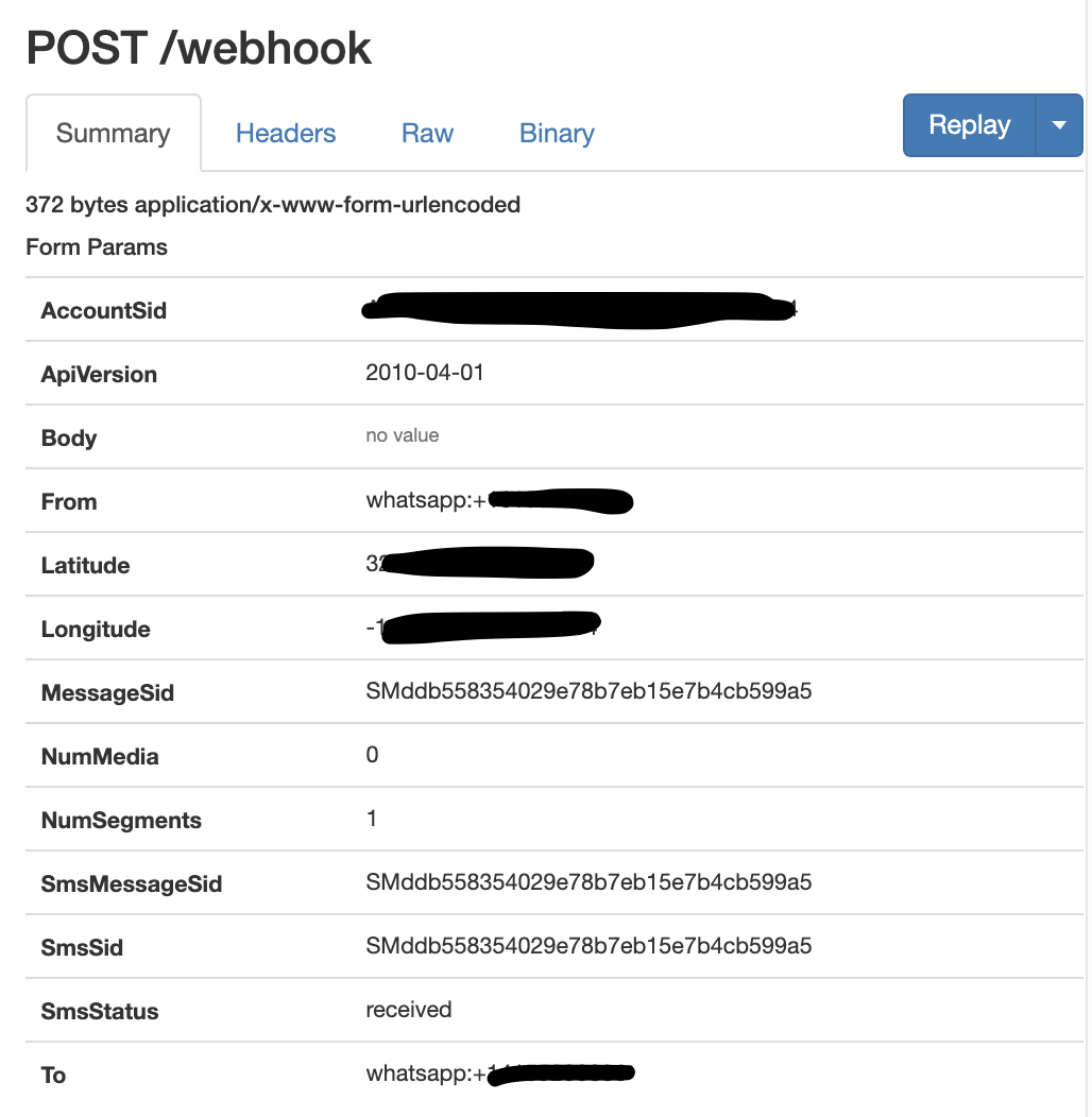 example of ngrok http:4040 page showing the longitude and latitude coordinates of the texter