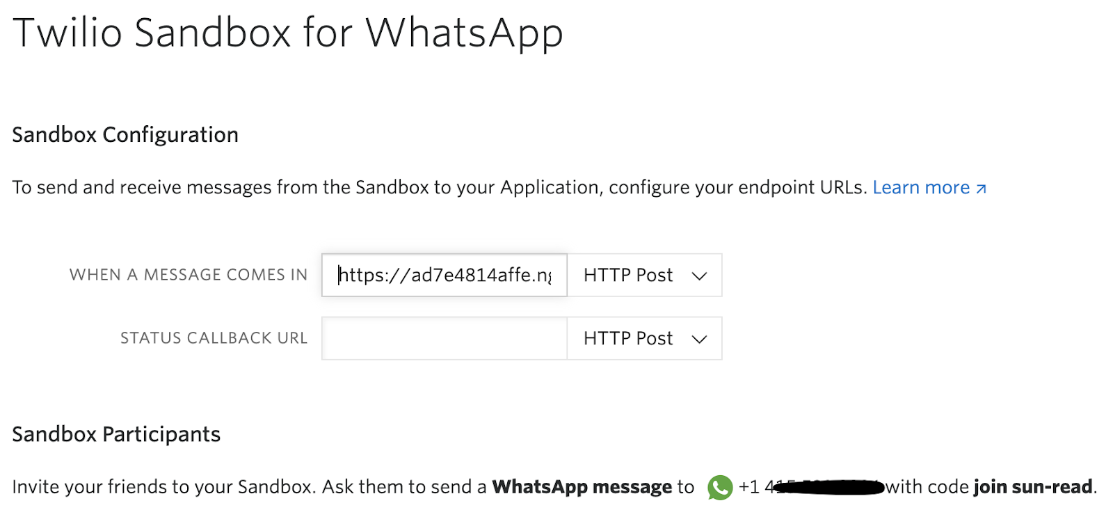 Twilio Sandbox for WhatsApp with webhook in text field