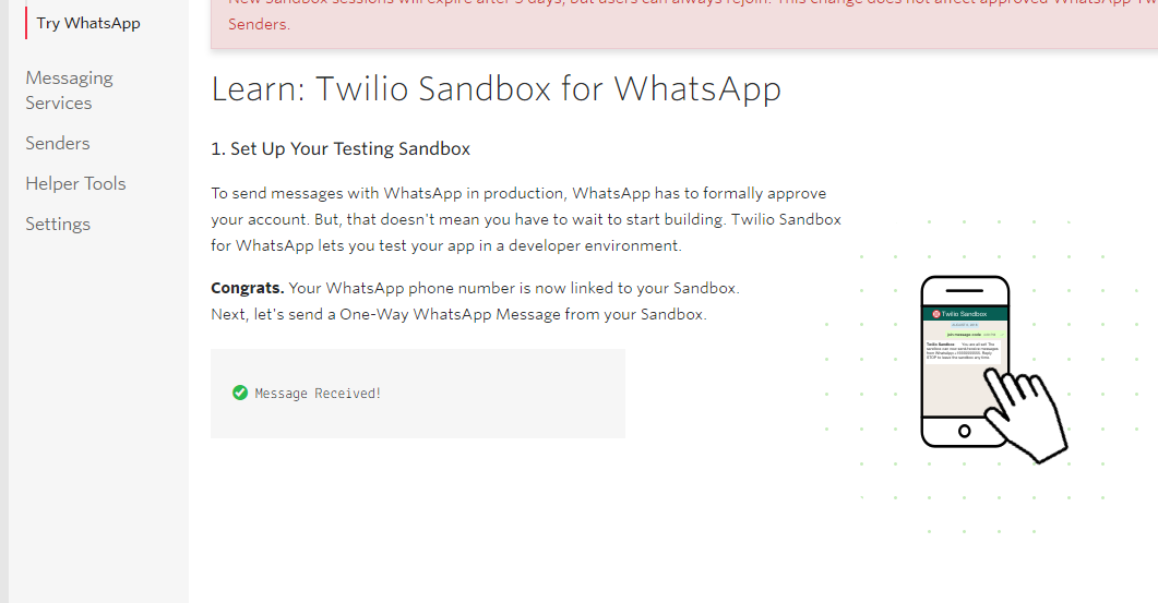 Connect to the Twilio WhatsApp sandbox