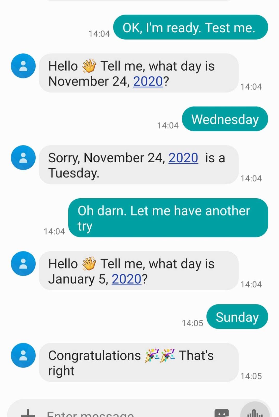 Screenshot of an SMS conversation with one wrong answer and one correct answer.