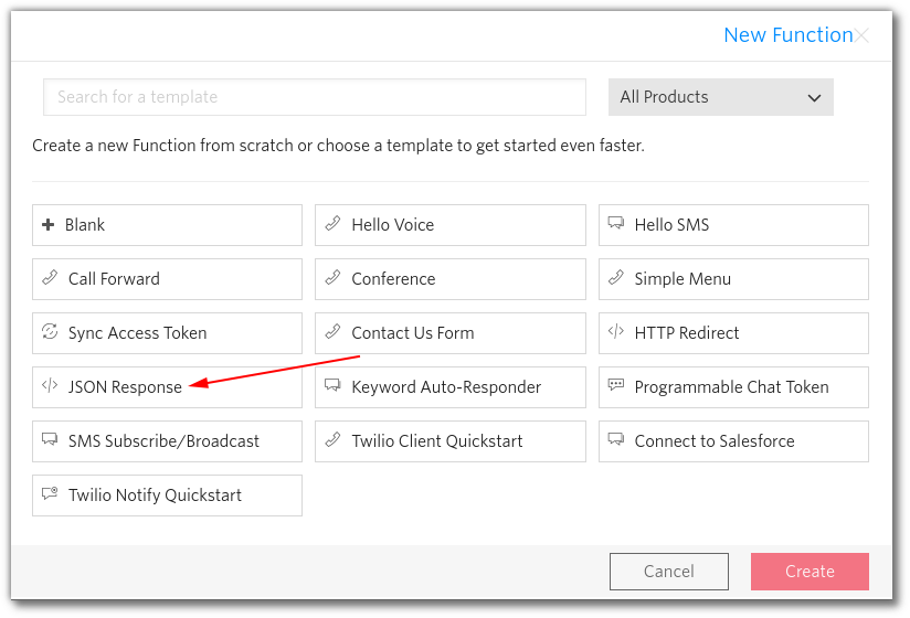 Screenshot: New Function dialog, highlighting "JSON Response" template