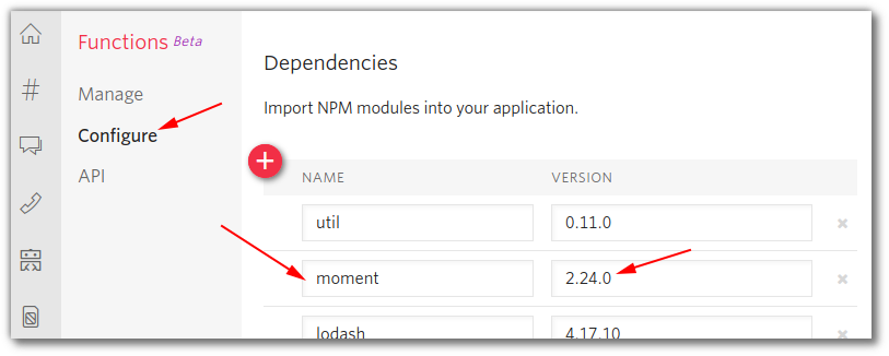 Screenshot: Functions config showing a dependency added of "moment" at version "2.24.0"