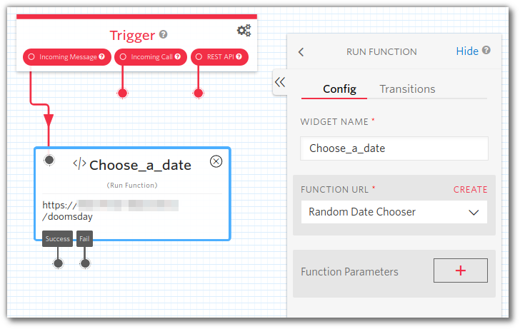 Screenshot: Twilio Studio canvas showing the Trigger&#39;s "Incoming Message" connected to a "Run Function" widget which is configured to call the "Random Date Chooser" function.