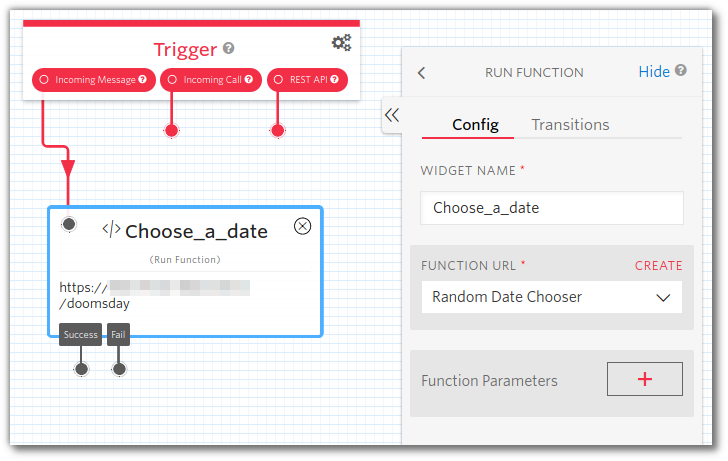 Screenshot: Twilio Studio canvas showing the Trigger's "Incoming Message" connected to a "Run Function" widget which is configured to call the "Random Date Chooser" function.