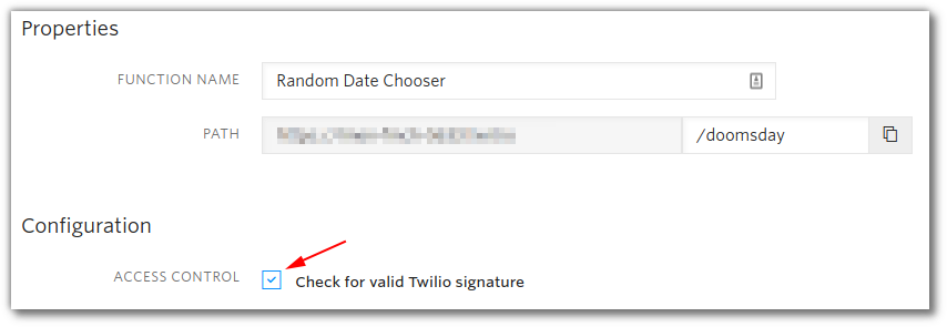 Screenshot: Function configuration with name "Random Date Chooser", path "/doomsday" and a highlight on the "Check for valid Twilio signature" checkbox.