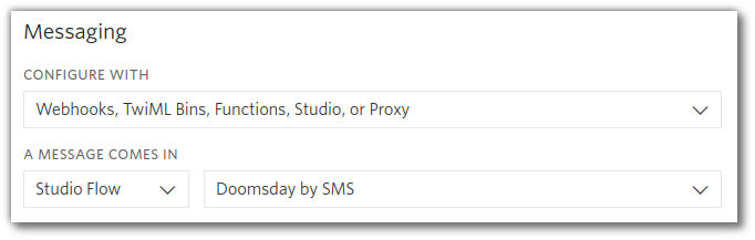 Screenshot: Phone number configuration. "When a message comes in" is configured to run a Studio Flow called "Doomsday by SMS"
