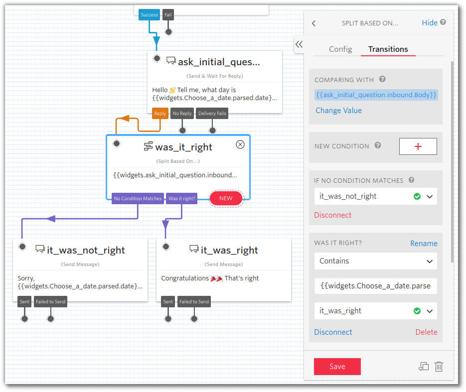 Screenshot: Twilio Studio canvas with setup as described in the preceeding paragraph.