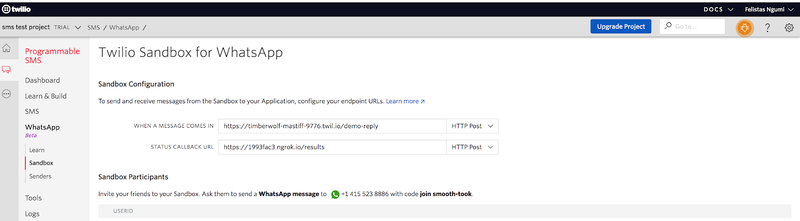 Sandbox da Twilio para WhatsApp