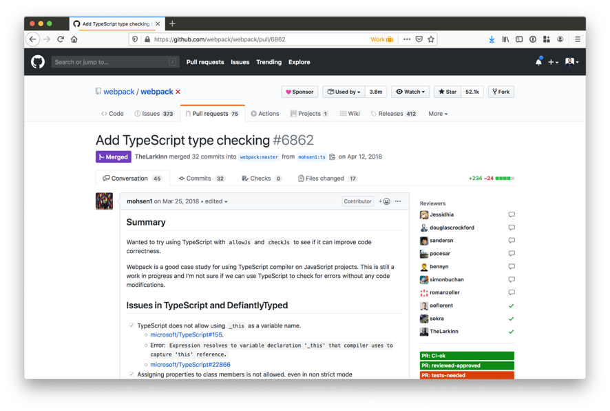 screenshot of GitHub from a pull request to add typescript to webpack