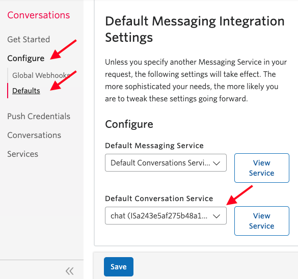 Set default conversations service