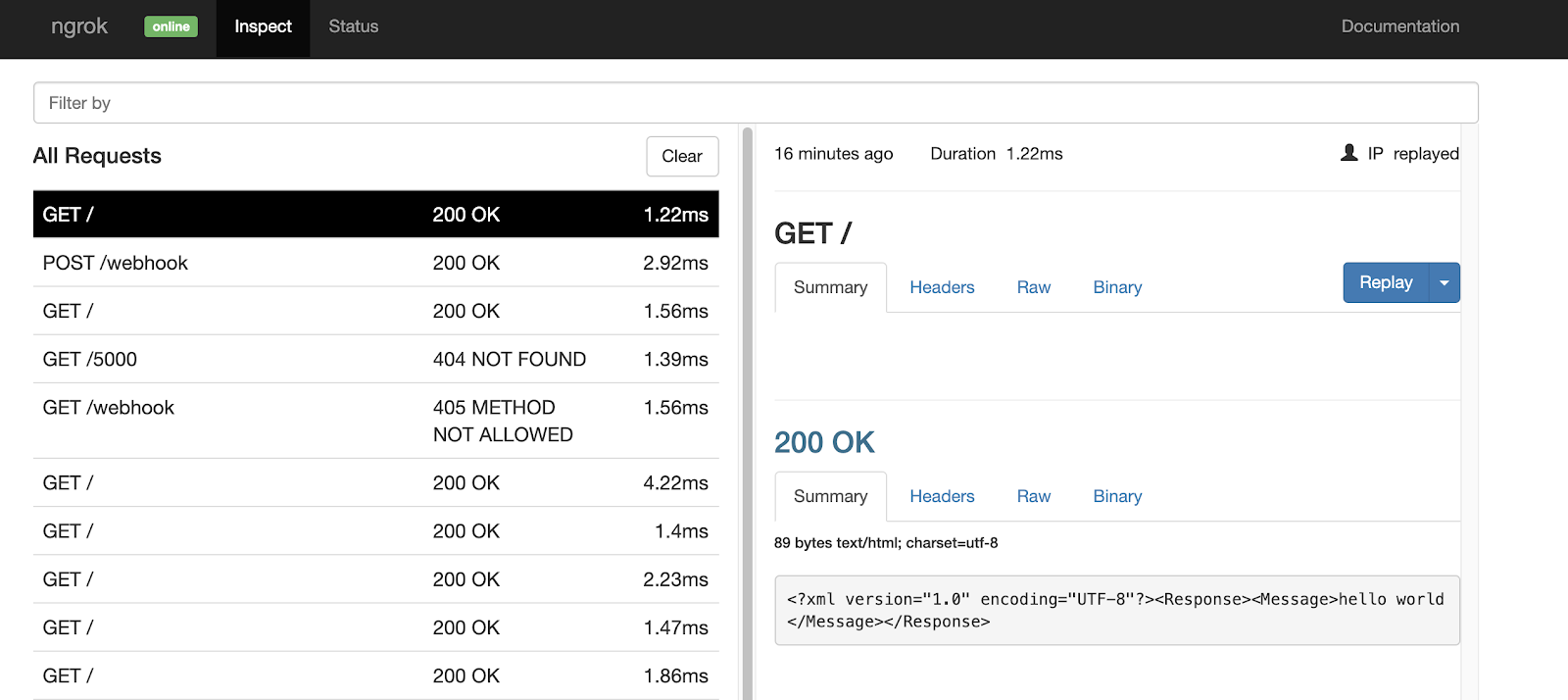 example output of ngrok dashboard on the localhost web browser