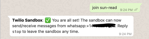 Mensagem de confirmação da sandbox da Twilio