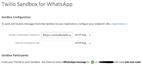Sandbox da Twilio para WhatsApp com webhook no campo de texto