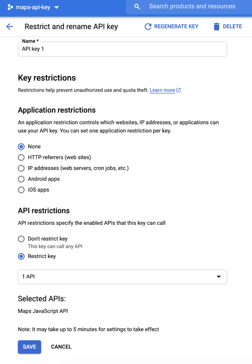 Página de restrição de chave da API do Google Cloud Platform