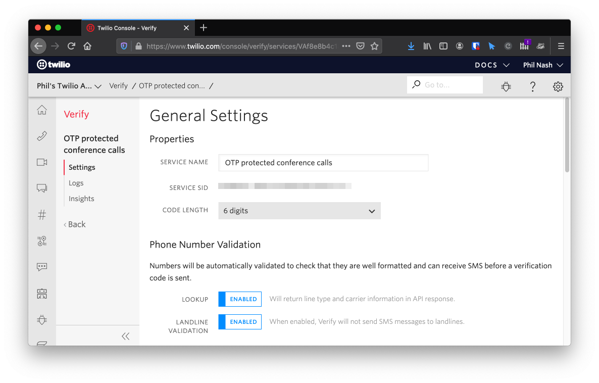 The general settings page for your Verify Service. The Service Sid will be displayed under the service name.