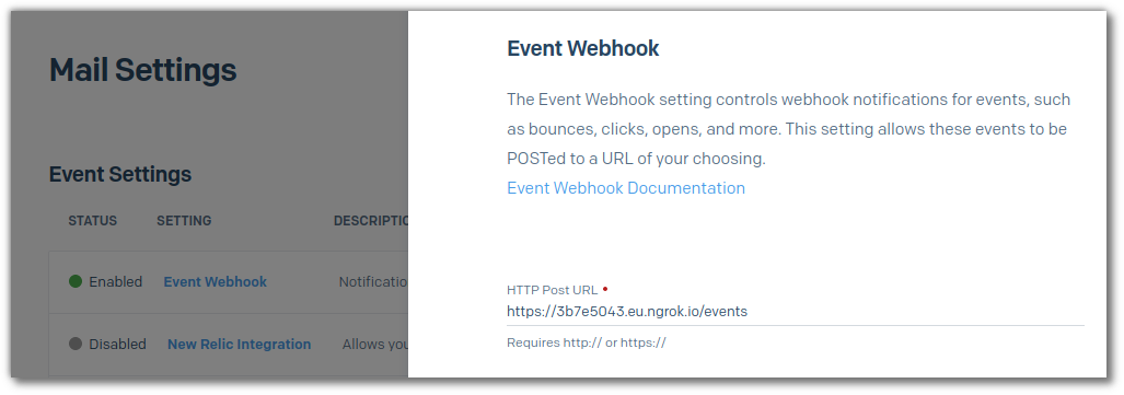 Event Webhook configuration. Setting the HTTP Post URL