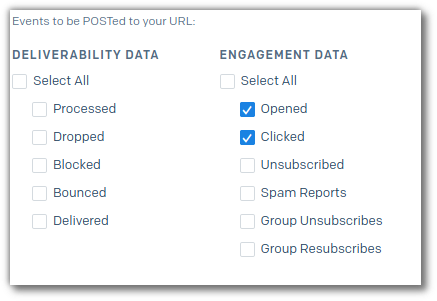 Event Webhook configuration. Selecting "Opened" and "Clicked" events to be posted.