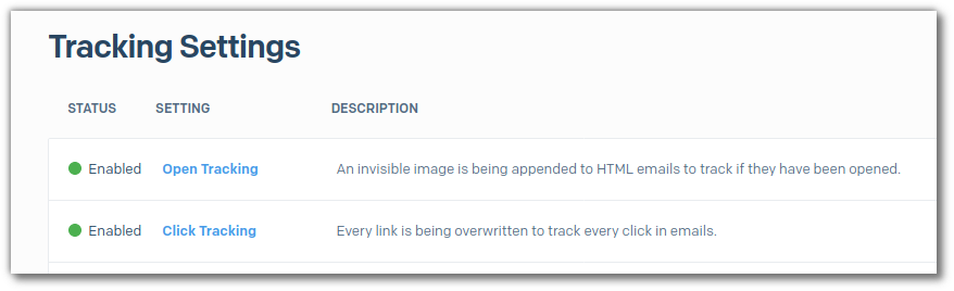 Screenshot of "Tracking Settings". Open Tracking and Click Tracking are both enabled.