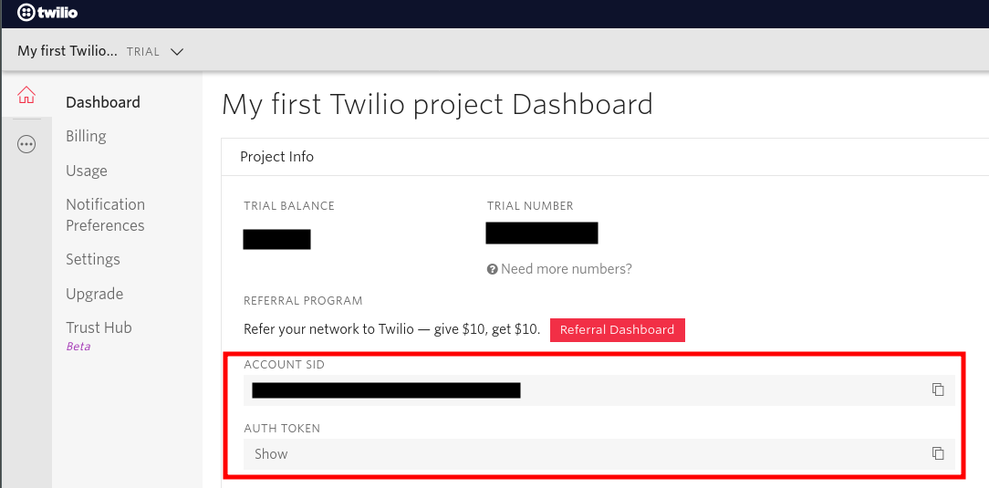 Twilio account credentials