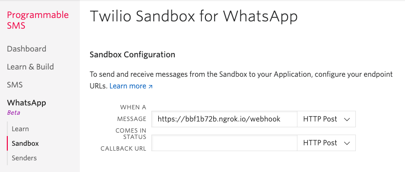 Webhook for Twilio WhatsApp sandbox