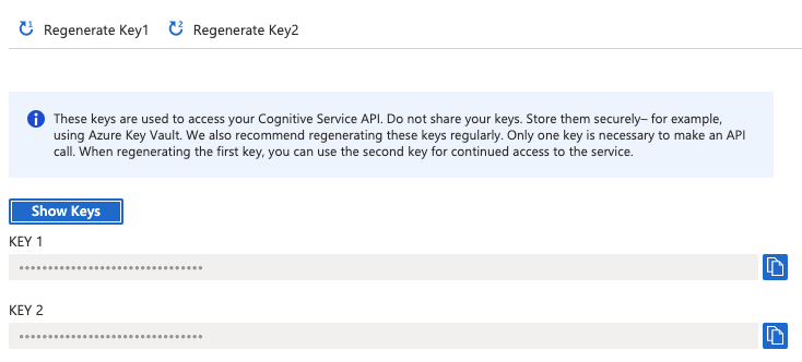 API Keys for the newly created cognitive service on Microsoft Azure portal